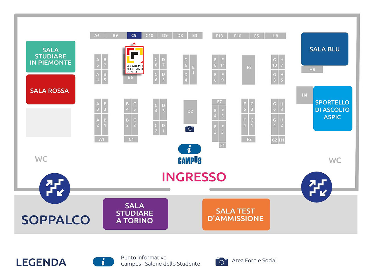 Mappa dello stand ABA Cuneo presso il Salone dello Studente 2022 di Torino - Pala Alpitour